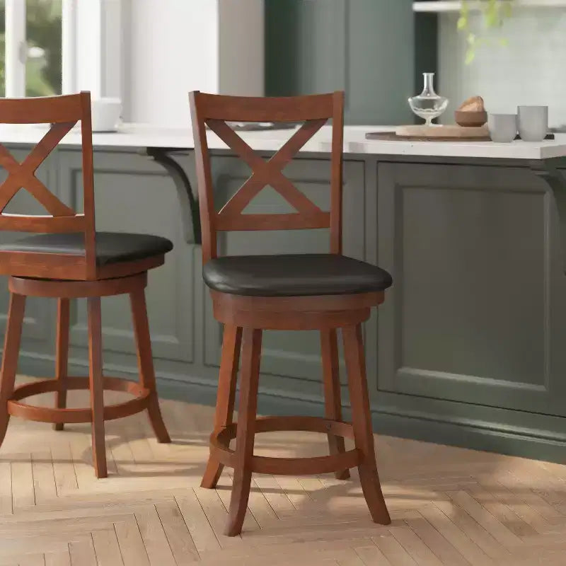Tabouret de bar pivotant Felicity en bois de qualité commerciale, style classique à croisillons, avec siège rembourré et matelassé, de Flash Furniture