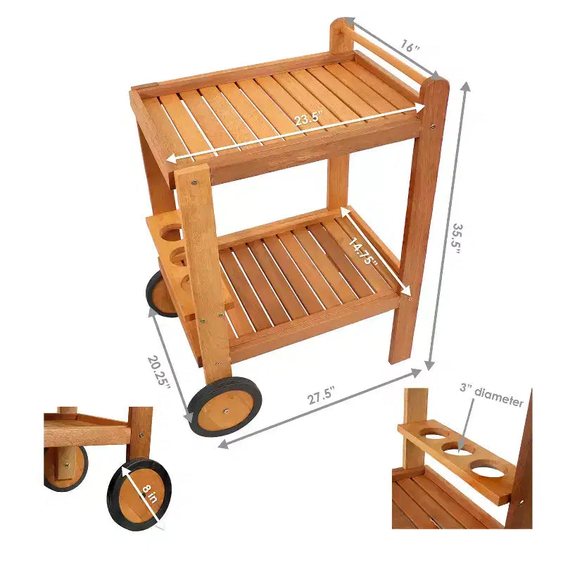 Chariot de service roulant d'extérieur à 2 niveaux en bois dur malaisien Sunnydaze