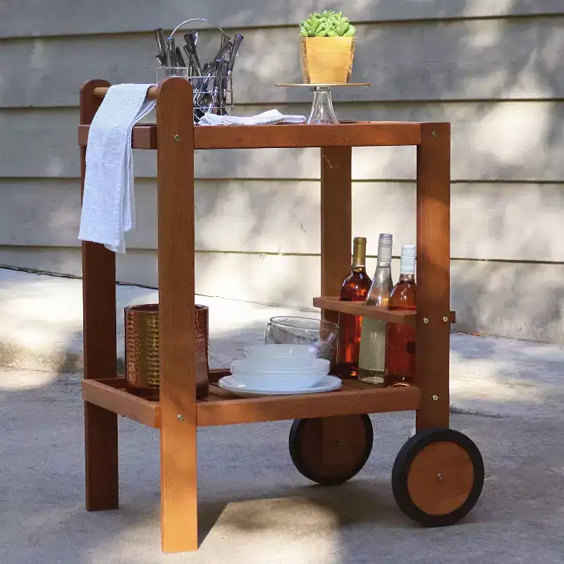 Chariot de service roulant d'extérieur à 2 niveaux en bois dur malaisien Sunnydaze