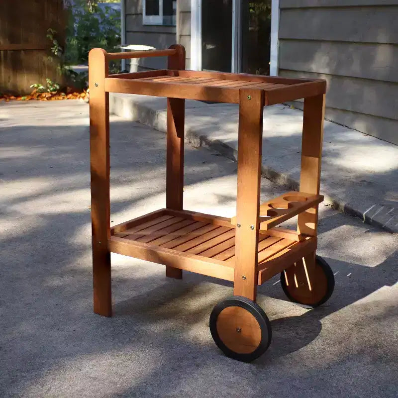 Chariot de service roulant d'extérieur à 2 niveaux en bois dur malaisien Sunnydaze