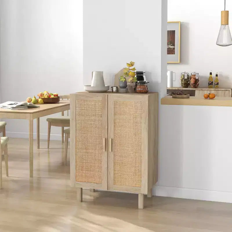 HOMCOM Meuble de Rangement Buffet, Armoire de Rangement, Desserte avec Portes en Rotin et Étagères Réglables pour Salon