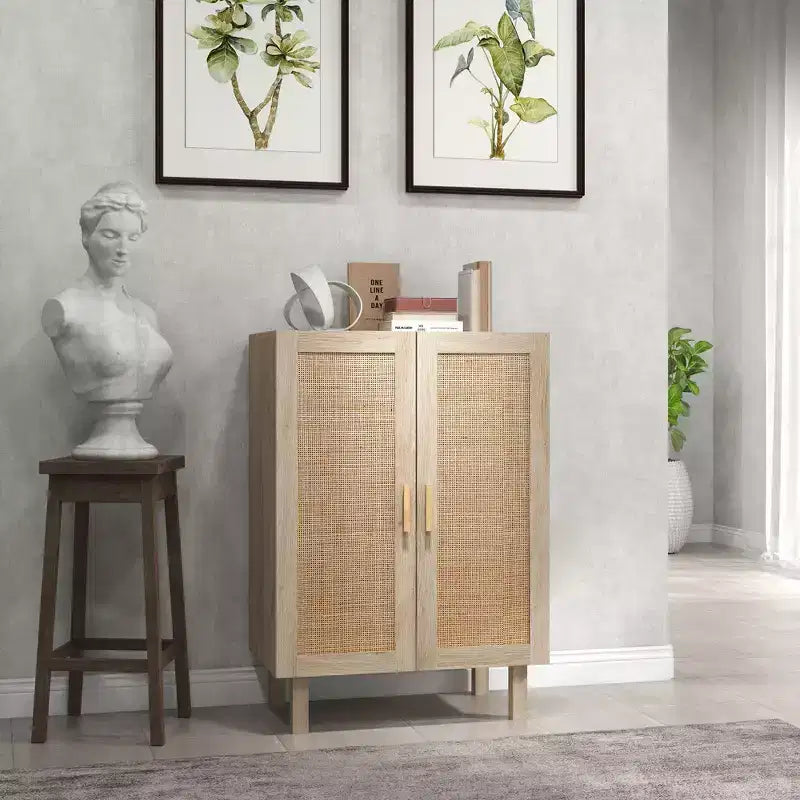HOMCOM Meuble de Rangement Buffet, Armoire de Rangement, Desserte avec Portes en Rotin et Étagères Réglables pour Salon