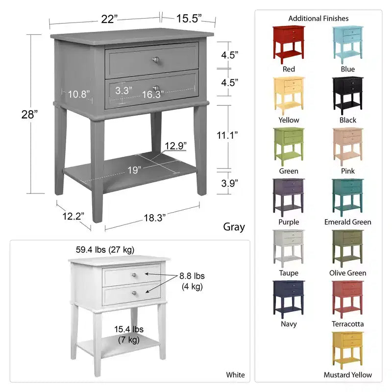 Table de chevet Franklin Ameriwood Home avec 2 tiroirs et une étagère inférieure
