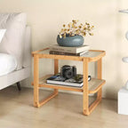 Costway Table d'appoint en bambou avec étagère en rotin Table de chevet en verre Petite table de bout de canapé