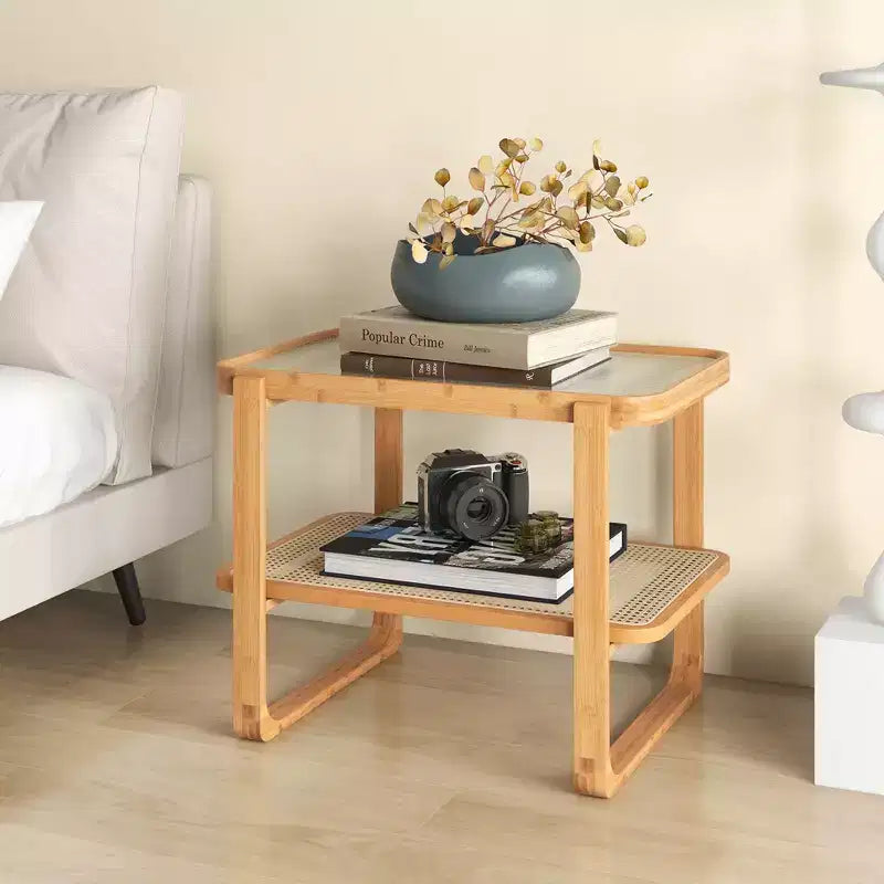 Costway Table d'appoint en bambou avec étagère en rotin Table de chevet en verre Petite table de bout de canapé