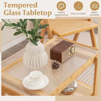 Costway Table d'appoint en bambou avec étagère en rotin Table de chevet en verre Petite table de bout de canapé