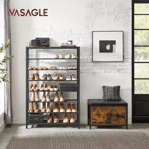 Étagère à chaussures à 8 niveaux, organiseur de chaussures, pour 32 à 40 paires de chaussures, grande étagère à chaussures avec 7 étagères en treillis métallique, marron rustique et noir