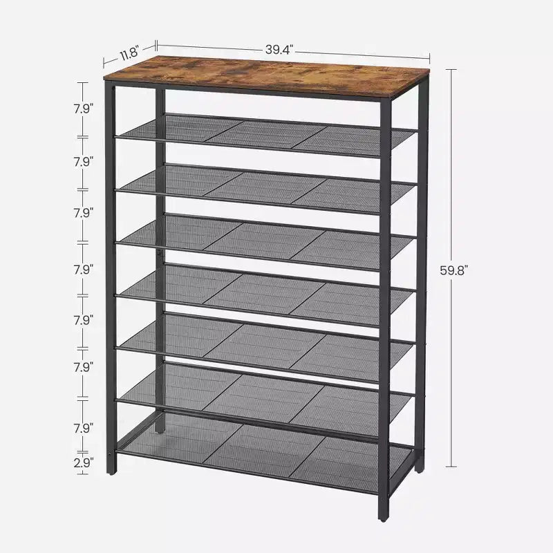 Étagère à chaussures à 8 niveaux, organiseur de chaussures, pour 32 à 40 paires de chaussures, grande étagère à chaussures avec 7 étagères en treillis métallique, marron rustique et noir