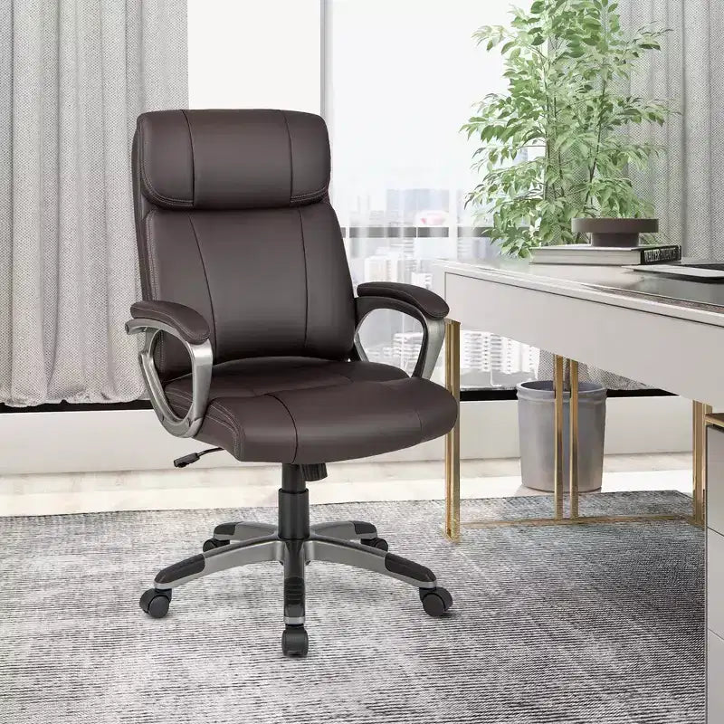 Chaise de Bureau Ergonomique Costway en Similicuir, Fauteuil de Direction Pivotant avec Accoudoirs Rembourrés Marron