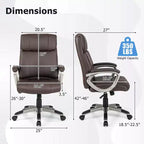 Chaise de Bureau Ergonomique Costway en Similicuir, Fauteuil de Direction Pivotant avec Accoudoirs Rembourrés Marron
