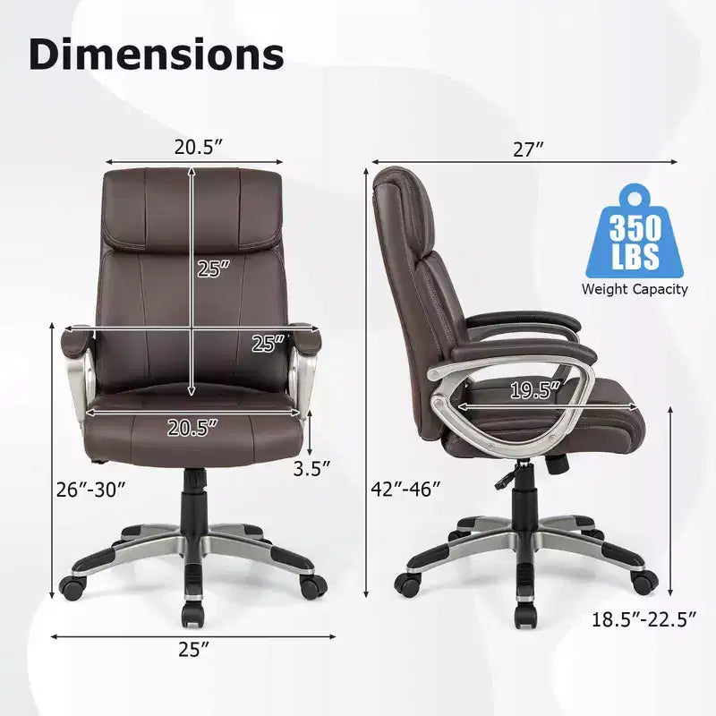 Chaise de Bureau Ergonomique Costway en Similicuir, Fauteuil de Direction Pivotant avec Accoudoirs Rembourrés Marron