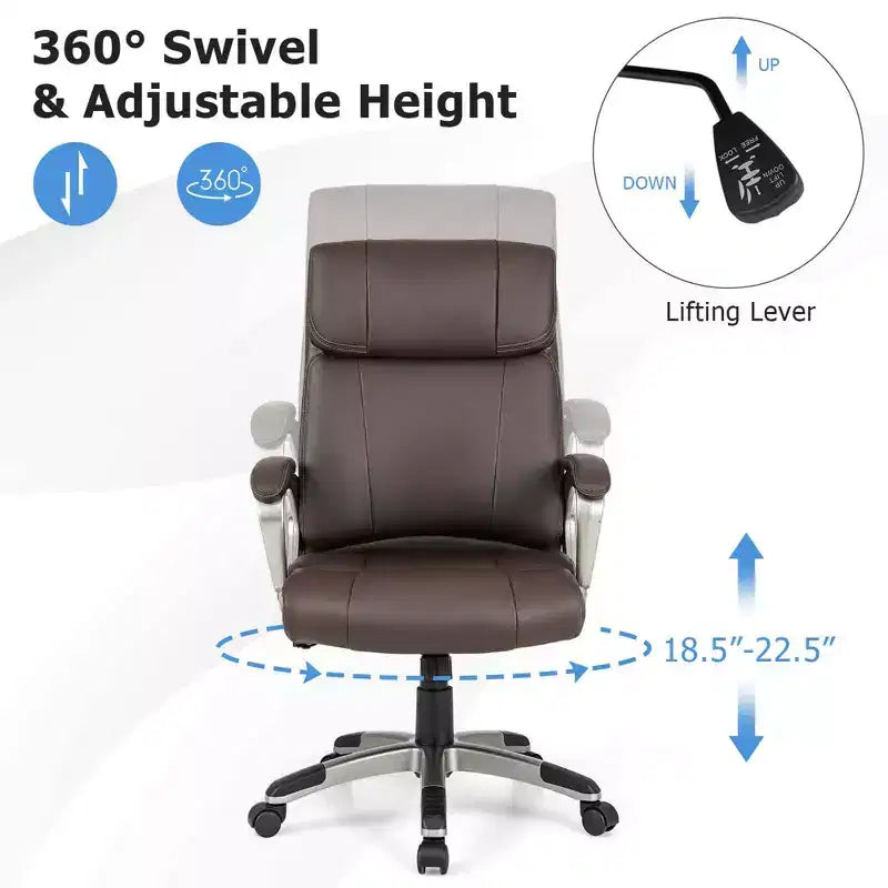 Chaise de Bureau Ergonomique Costway en Similicuir, Fauteuil de Direction Pivotant avec Accoudoirs Rembourrés Marron