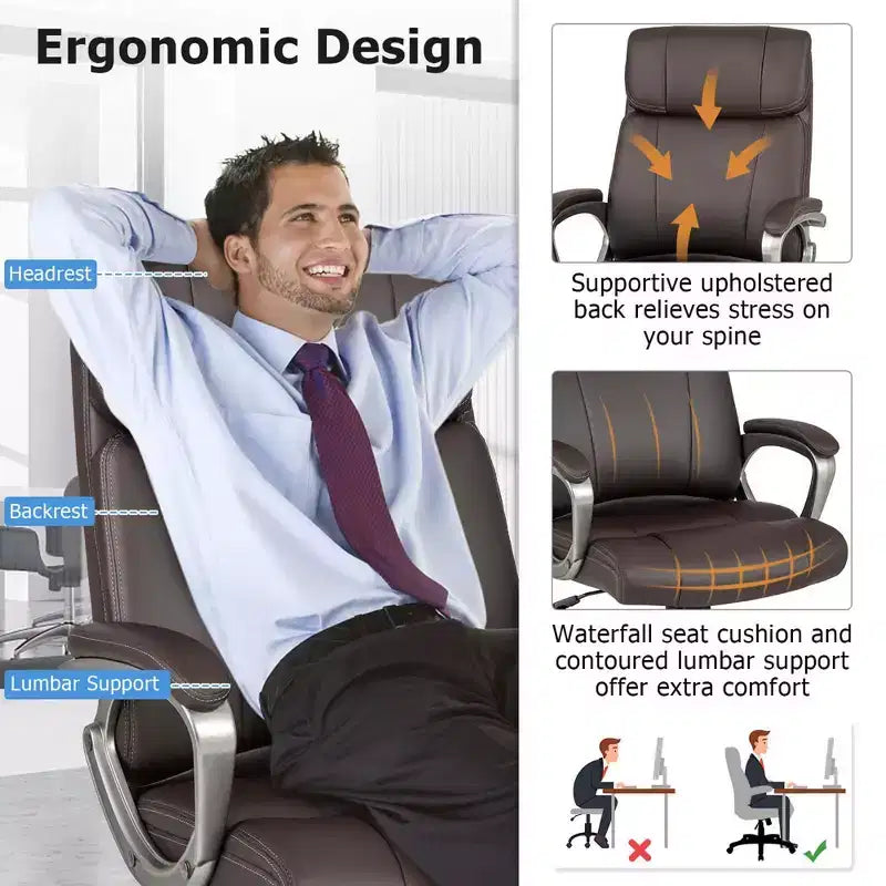 Chaise de Bureau Ergonomique Costway en Similicuir, Fauteuil de Direction Pivotant avec Accoudoirs Rembourrés Marron