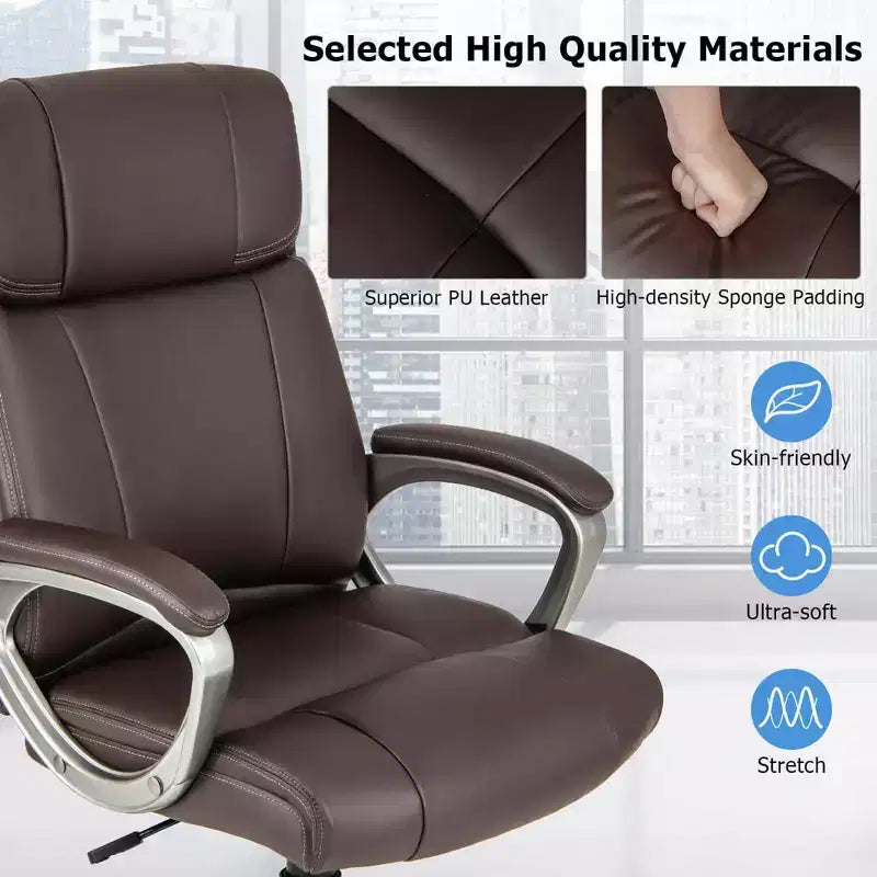 Chaise de Bureau Ergonomique Costway en Similicuir, Fauteuil de Direction Pivotant avec Accoudoirs Rembourrés Marron