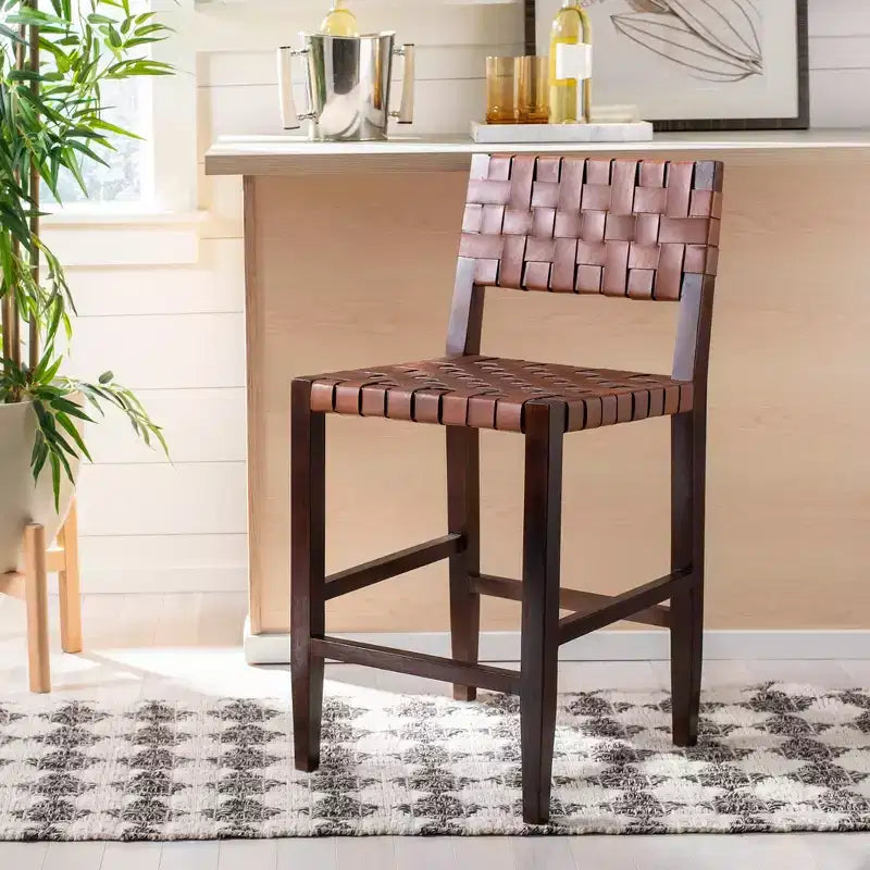 Tabouret de comptoir en cuir tissé Paxton - BST1003 - Fini Cognac/Noyer - Safavieh