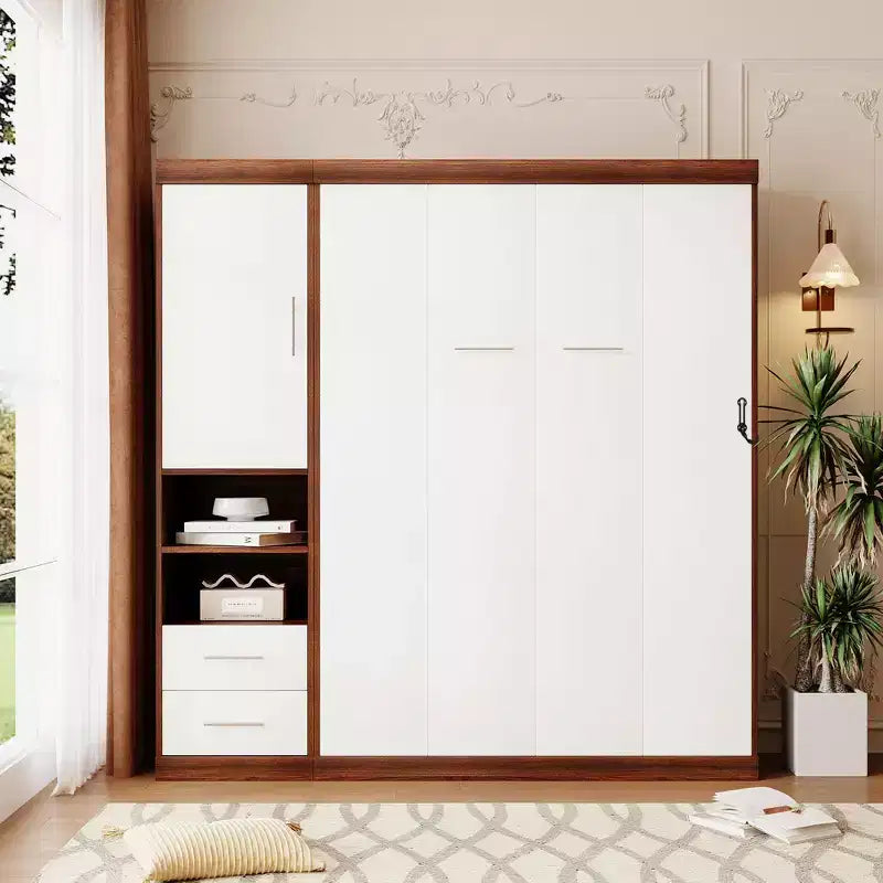 Lit escamotable mural pleine grandeur/taille double avec armoire, blanc+noyer-ModernLuxe