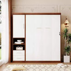 Lit escamotable mural pleine grandeur/taille double avec armoire, blanc+noyer-ModernLuxe