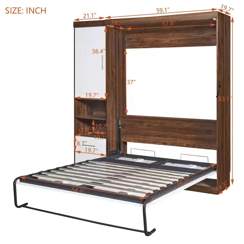 Lit escamotable mural pleine grandeur/taille double avec armoire, blanc+noyer-ModernLuxe