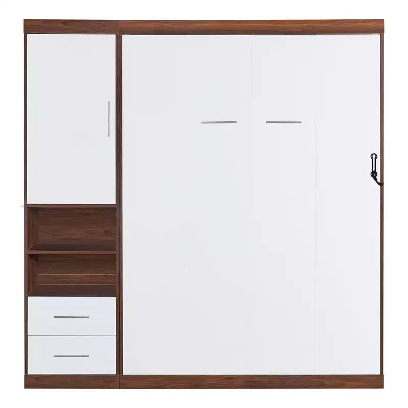 Lit escamotable mural pleine grandeur/taille double avec armoire, blanc+noyer-ModernLuxe