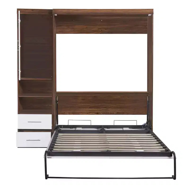 Lit escamotable mural pleine grandeur/taille double avec armoire, blanc+noyer-ModernLuxe
