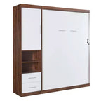 Lit escamotable mural pleine grandeur/taille double avec armoire, blanc+noyer-ModernLuxe