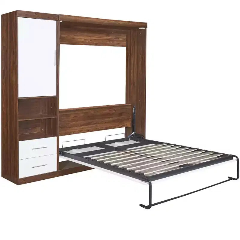 Lit escamotable mural pleine grandeur/taille double avec armoire, blanc+noyer-ModernLuxe