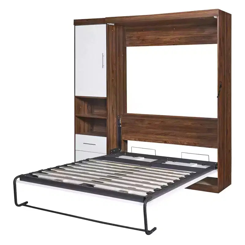 Lit escamotable mural pleine grandeur/taille double avec armoire, blanc+noyer-ModernLuxe