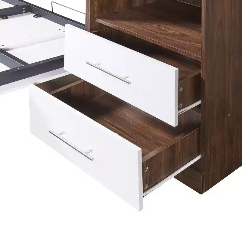 Lit escamotable mural pleine grandeur/taille double avec armoire, blanc+noyer-ModernLuxe
