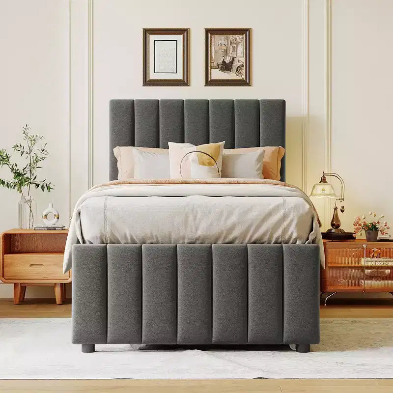 Lit Plateforme Double/Complet, Cadre de Lit Capitonne en Bois avec Lit Gigogne Jumeau et 3 Tiroirs - ModernLuxe