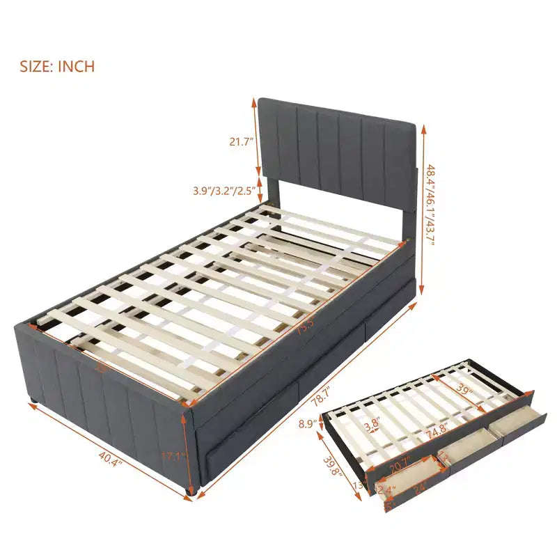 Lit Plateforme Double/Complet, Cadre de Lit Capitonne en Bois avec Lit Gigogne Jumeau et 3 Tiroirs - ModernLuxe