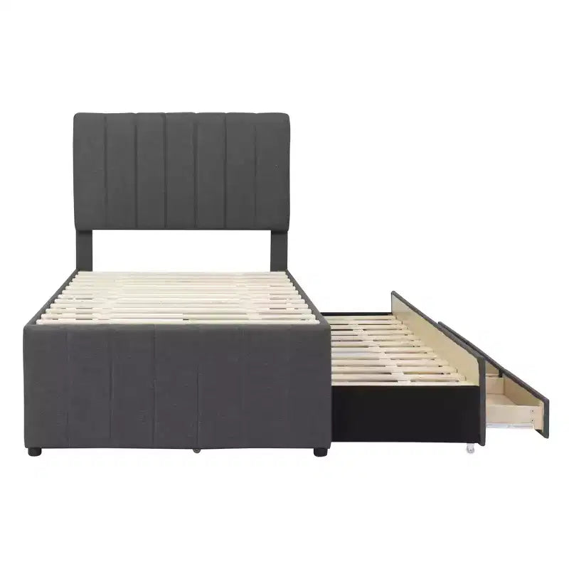 Lit Plateforme Double/Complet, Cadre de Lit Capitonne en Bois avec Lit Gigogne Jumeau et 3 Tiroirs - ModernLuxe