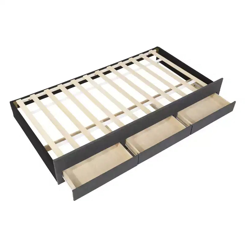 Lit Plateforme Double/Complet, Cadre de Lit Capitonne en Bois avec Lit Gigogne Jumeau et 3 Tiroirs - ModernLuxe