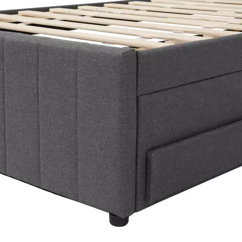 Lit Plateforme Double/Complet, Cadre de Lit Capitonne en Bois avec Lit Gigogne Jumeau et 3 Tiroirs - ModernLuxe