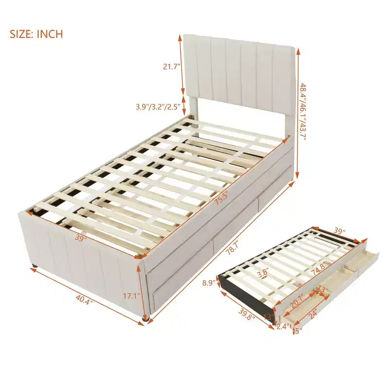 Lit Plateforme Double/Complet, Cadre de Lit Capitonne en Bois avec Lit Gigogne Jumeau et 3 Tiroirs - ModernLuxe