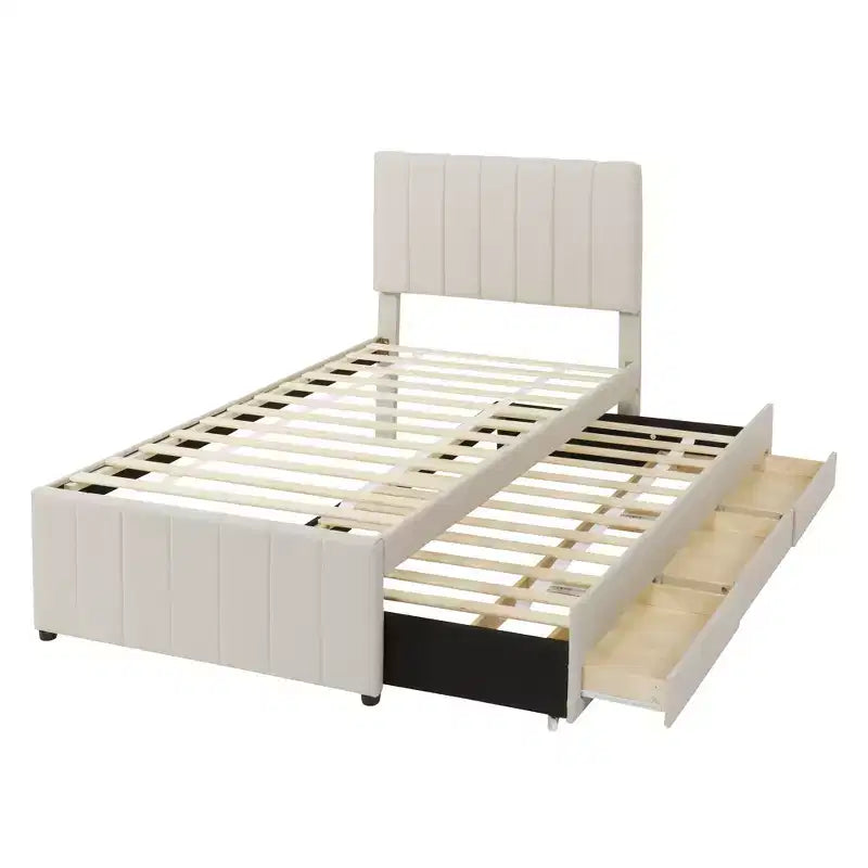 Lit Plateforme Double/Complet, Cadre de Lit Capitonne en Bois avec Lit Gigogne Jumeau et 3 Tiroirs - ModernLuxe