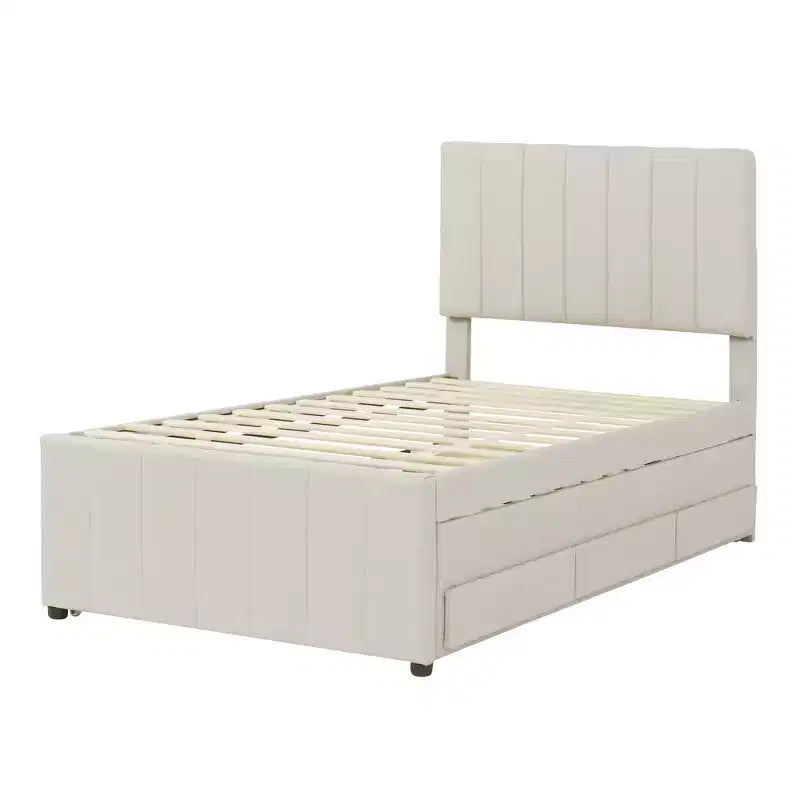 Lit Plateforme Double/Complet, Cadre de Lit Capitonne en Bois avec Lit Gigogne Jumeau et 3 Tiroirs - ModernLuxe