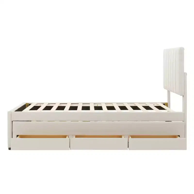 Lit Plateforme Double/Complet, Cadre de Lit Capitonne en Bois avec Lit Gigogne Jumeau et 3 Tiroirs - ModernLuxe