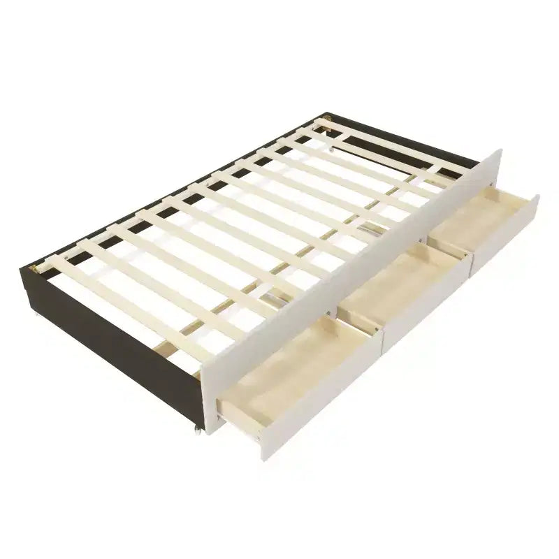 Lit Plateforme Double/Complet, Cadre de Lit Capitonne en Bois avec Lit Gigogne Jumeau et 3 Tiroirs - ModernLuxe