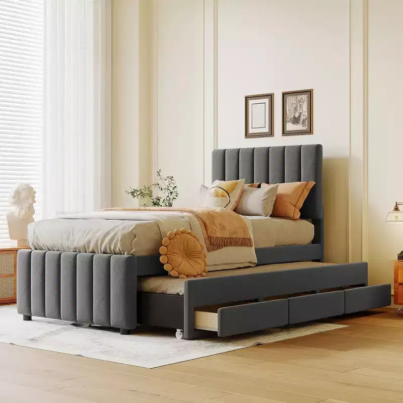 Lit Plateforme Double/Complet, Cadre de Lit Capitonne en Bois avec Lit Gigogne Jumeau et 3 Tiroirs - ModernLuxe