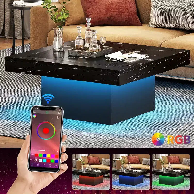 Table Basse Carrée à LED Lantine Farmhouse, Table Basse en Bois Usiné