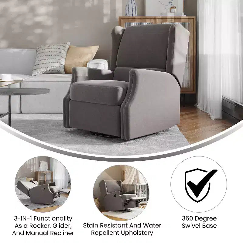 Fauteuil inclinable, pivotant et à bascule Flash Furniture Omma, fauteuil inclinable manuel avec accoudoirs, pivotant à 360 degrés, parfait pour le salon, la chambre ou la chambre de bébé