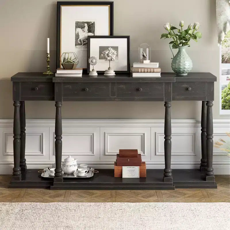 Console Rétro Haut de Gamme avec 4 Tiroirs de Rangement Frontaux et 1 Étagère pour Couloir, Salon - ModernLuxe