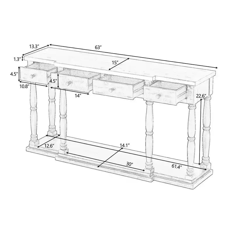 Console Rétro Haut de Gamme avec 4 Tiroirs de Rangement Frontaux et 1 Étagère pour Couloir, Salon - ModernLuxe
