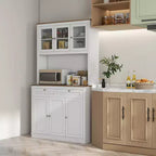 HOMCOM Meuble de Rangement Haut pour Cuisine de 180 cm avec 2 Tiroirs, Meuble à Micro-Ondes avec Étagères Réglables et Portes Vitrées, Blanc