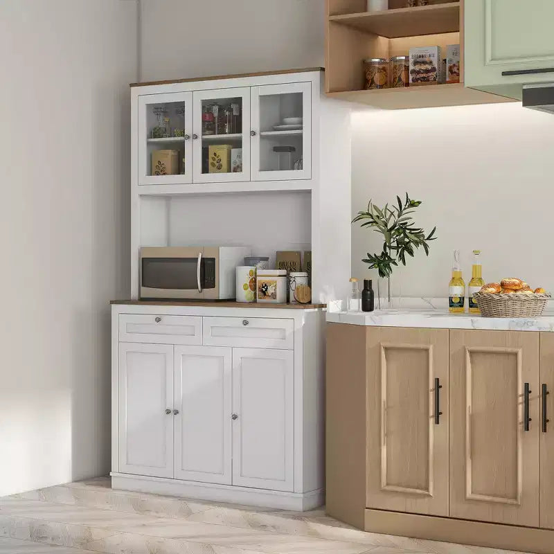 HOMCOM Meuble de Rangement Haut pour Cuisine de 180 cm avec 2 Tiroirs, Meuble à Micro-Ondes avec Étagères Réglables et Portes Vitrées, Blanc