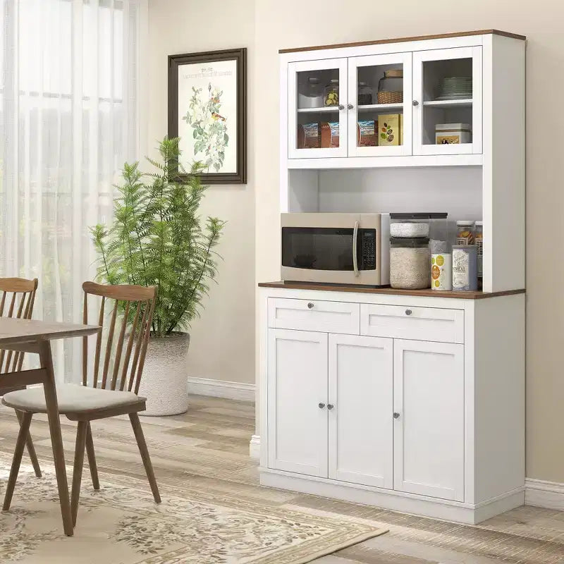 HOMCOM Meuble de Rangement Haut pour Cuisine de 180 cm avec 2 Tiroirs, Meuble à Micro-Ondes avec Étagères Réglables et Portes Vitrées, Blanc