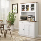 HOMCOM Meuble de Rangement Haut pour Cuisine de 180 cm avec 2 Tiroirs, Meuble à Micro-Ondes avec Étagères Réglables et Portes Vitrées, Blanc