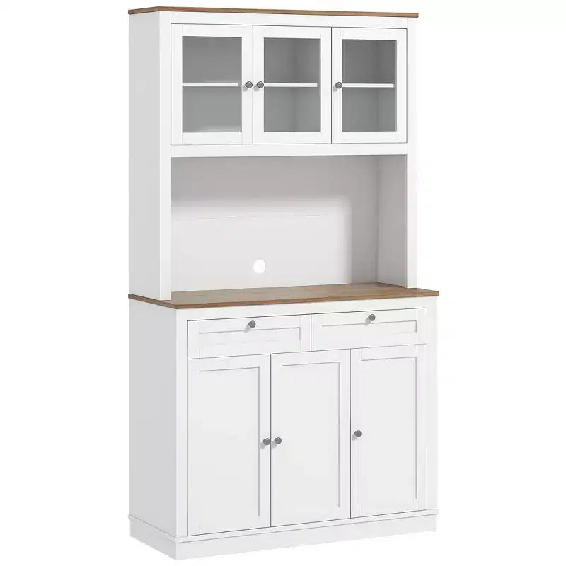 HOMCOM Meuble de Rangement Haut pour Cuisine de 180 cm avec 2 Tiroirs, Meuble à Micro-Ondes avec Étagères Réglables et Portes Vitrées, Blanc