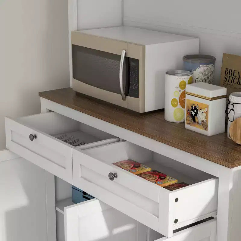 HOMCOM Meuble de Rangement Haut pour Cuisine de 180 cm avec 2 Tiroirs, Meuble à Micro-Ondes avec Étagères Réglables et Portes Vitrées, Blanc