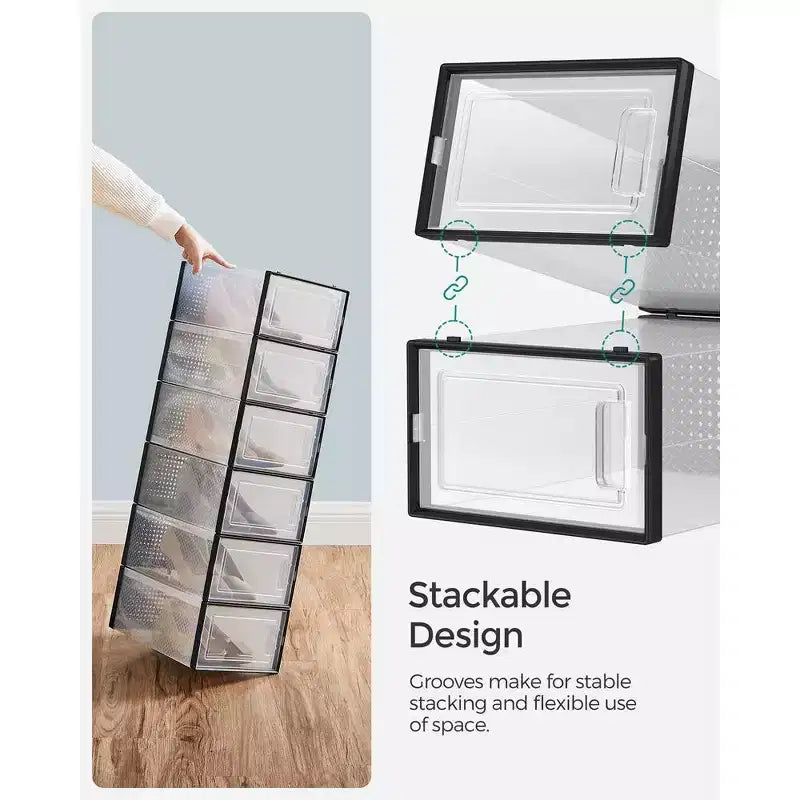 SONGMICS Boîtes à Chaussures - Lot de 18 Organiseurs Empilables et Pliables - Transparent et Noir - Convient jusqu'à la Taille 45 EU